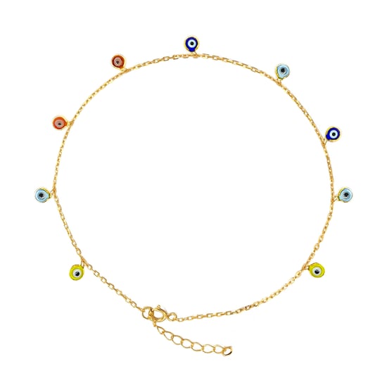 Gold Plated Sterling Silver Multi Coloured Evil Eye Anklet - Image 1