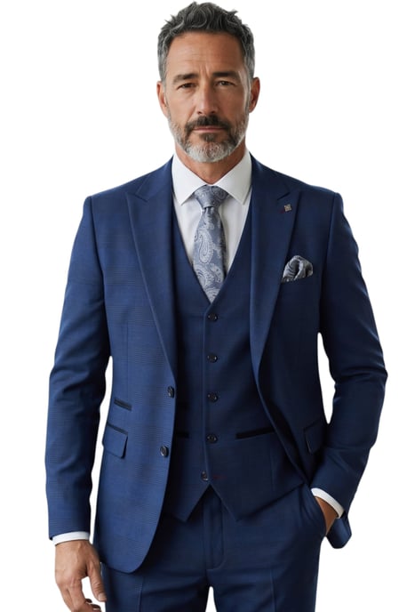 Marineblauw driedelig pak met ruitpatroon voor heren, getailleerd, formeel pak - MARK - Image 1