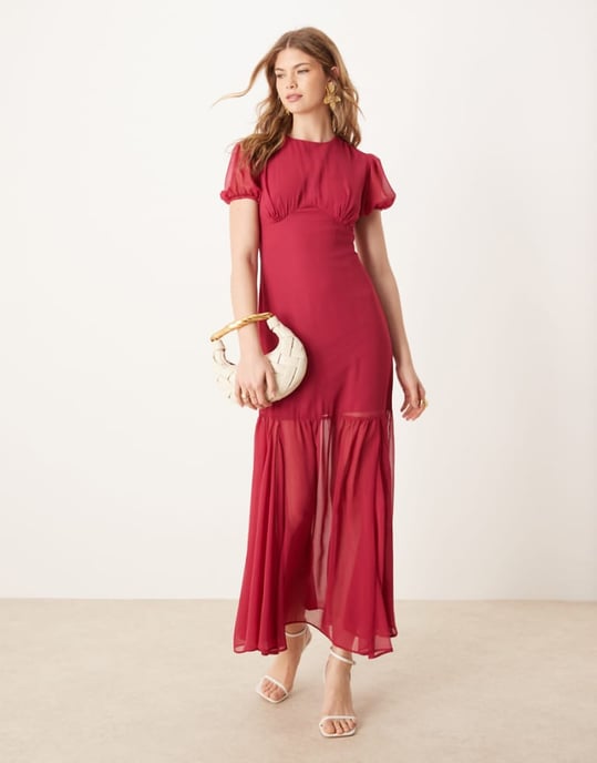 ASOS DESIGN puffärm midi-klänning i mörk körsbär - Image 1