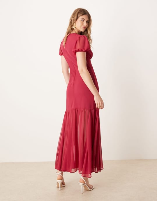 ASOS DESIGN puffärm midi-klänning i mörk körsbär - Image 2