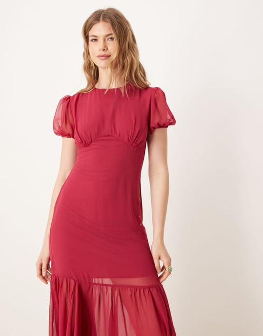 ASOS DESIGN puffärm midi-klänning i mörk körsbär - Image 4