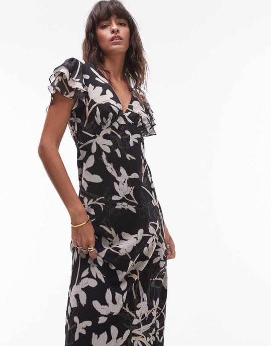 Topshop midi klänning med svävande ärmar i monokromatisk blomdesign - Image 2