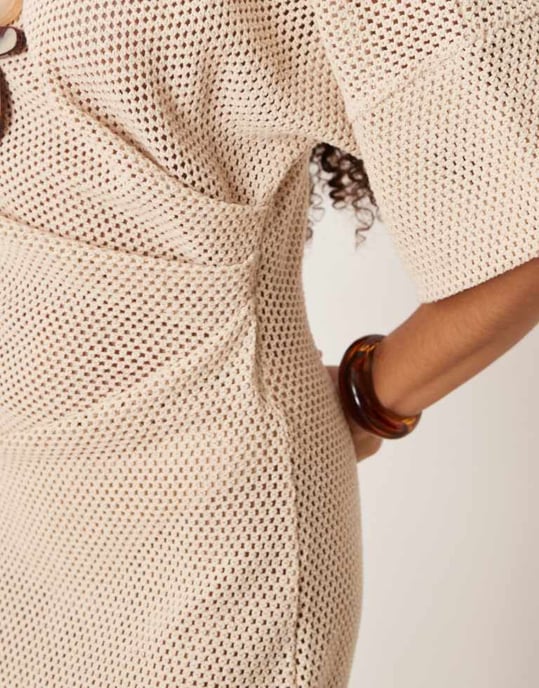 ASOS DESIGN virkad t-shirt klänning med knytning i stenbeige - Image 2