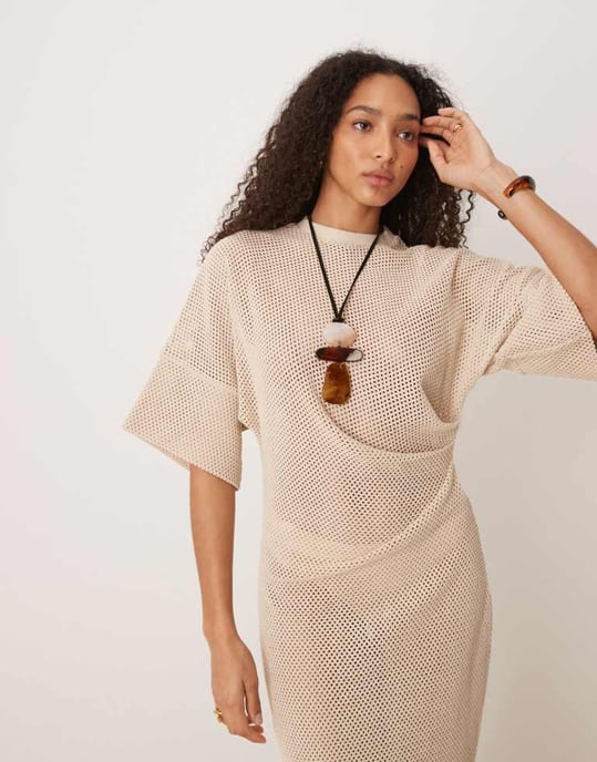 ASOS DESIGN virkad t-shirt klänning med knytning i stenbeige - Image 3