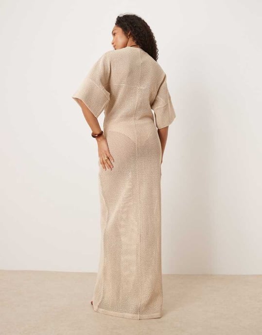 ASOS DESIGN virkad t-shirt klänning med knytning i stenbeige - Image 4