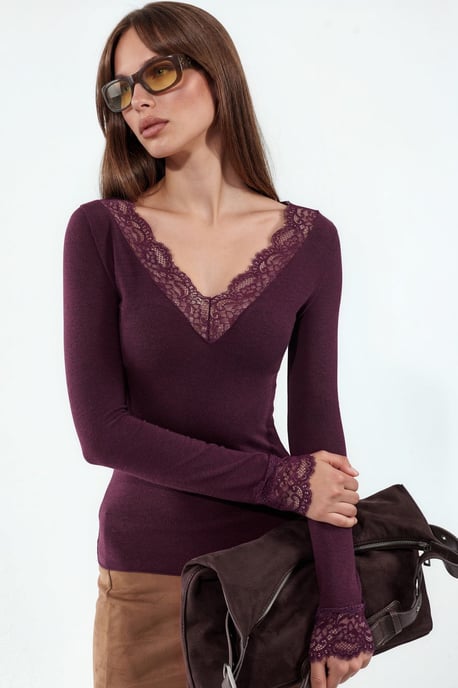 Women's Long-Sleeve Lace V-Neck Top - Image 1