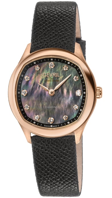 Gevril Women's Morcote Swiss Diamond Watch, 316L SS/IPRG Case, Black MOP, Black Handmade Italian Leather Strap - Image 1