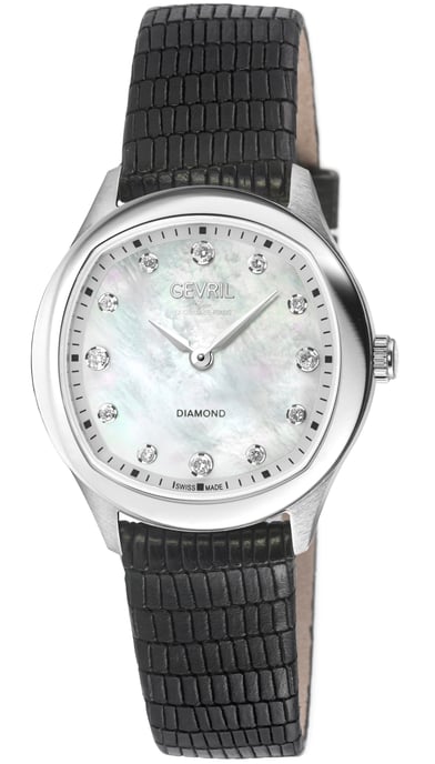 Gevril Women's Morcote Swiss Diamond Watch, 316L SS Case, White MOP, Black Handmade Italian Leather Strap - Image 1