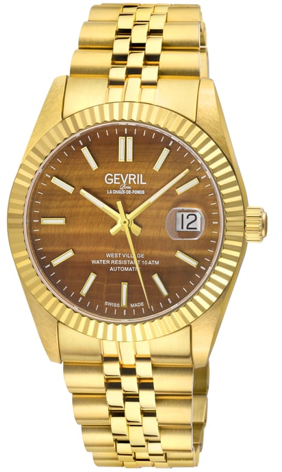 Gevril Men's Automatic West Village 316L Stainless Steel IPYG Case, Brown Tiger Eye Dial 316L Stainless Steel IPYG Bracelet. - Image 1