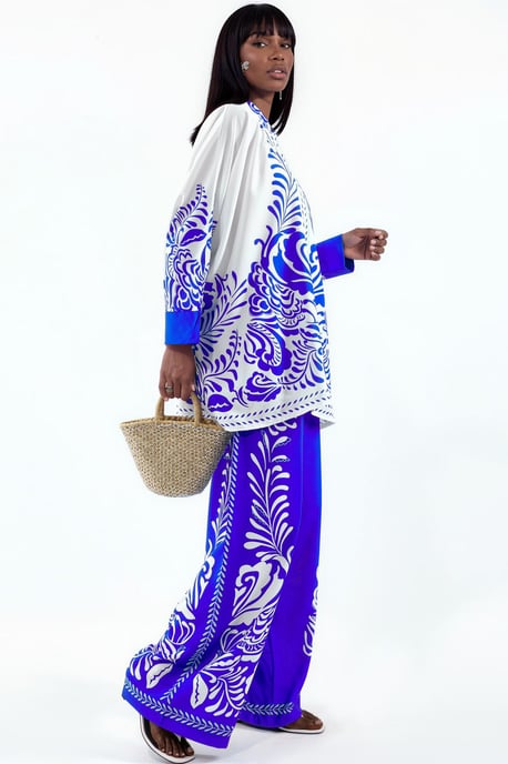 Patroon V-hals Blouse en Wijde Pantalon Set - Image 2