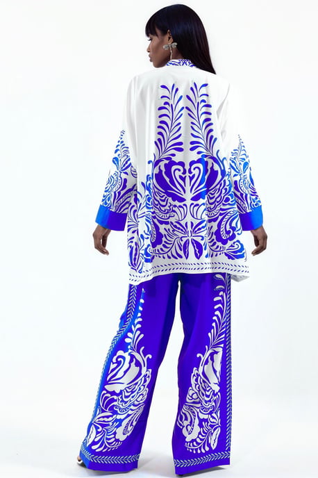 Patroon V-hals Blouse en Wijde Pantalon Set - Image 3