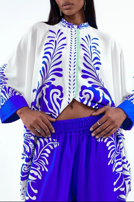 Patroon V-hals Blouse en Wijde Pantalon Set - Image 4