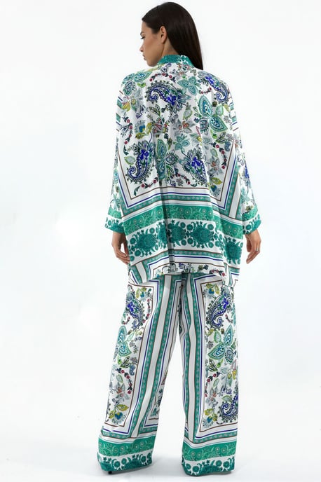 Gepatteerde V-Hals Blouse en Brede Pijpen Broek Set - Image 3