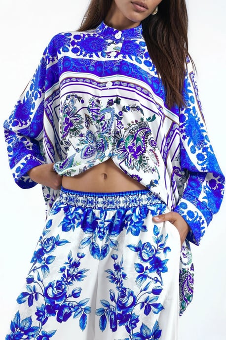 Patroon V-hals Blouse en Wijde Broek Set - Image 4