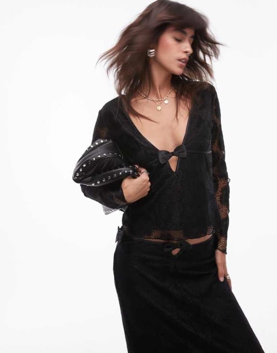 Resume v neck long sleeve lace top with bow detail co-ord - Image 1