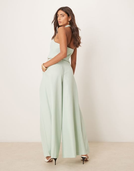 ASOS DESIGN skräddarsydda ultra vida byxor med veckdetalj i pistagegrön - Image 4