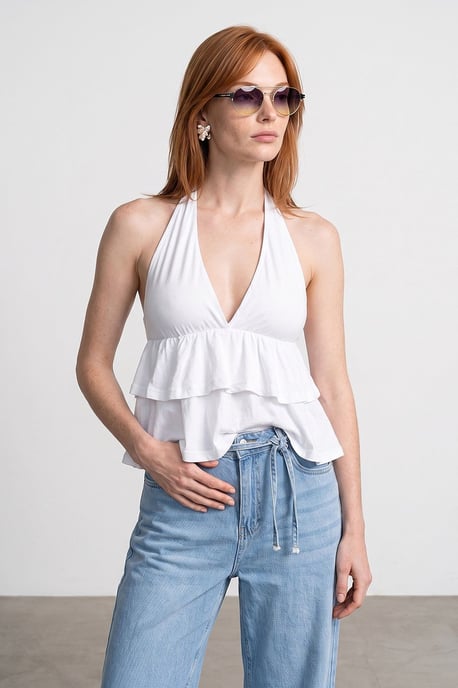 Halterneck Poplin Blouse With Ruffle Detail - Image 2