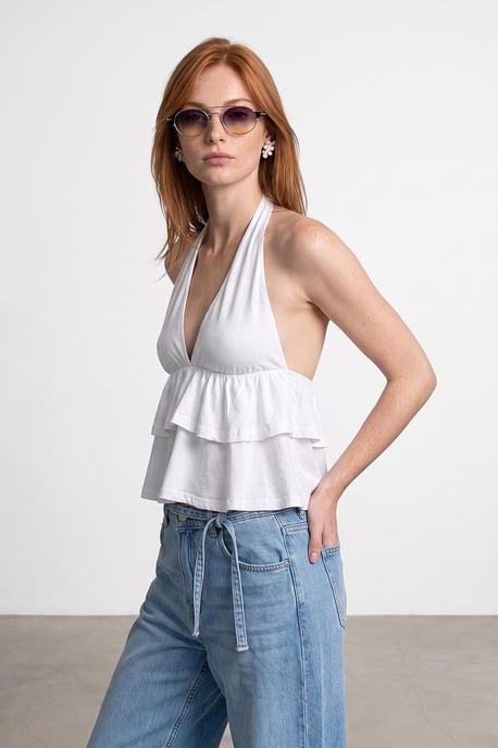 Halterneck Poplin Blouse With Ruffle Detail - Image 4
