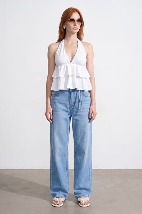 Halterneck Poplin Blouse With Ruffle Detail - Image 5