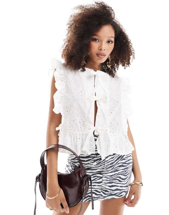 Object tie front frill blouse in off white - Image 1