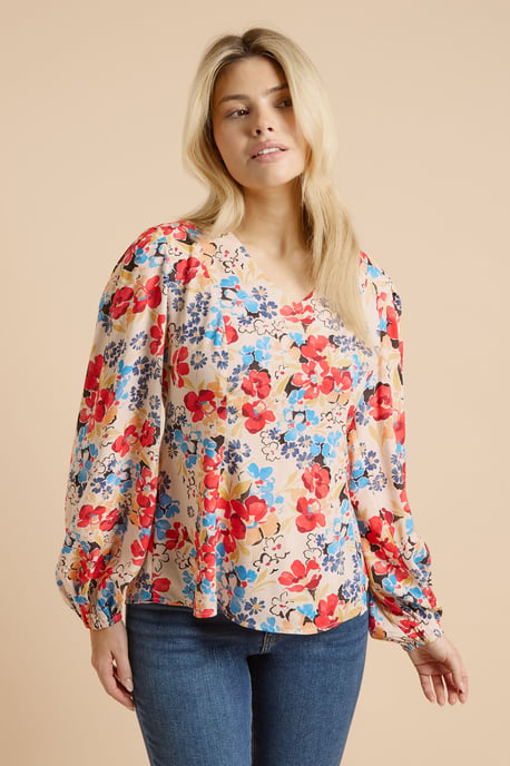 Floral V Neck Blouson Sleeve Top - Image 1