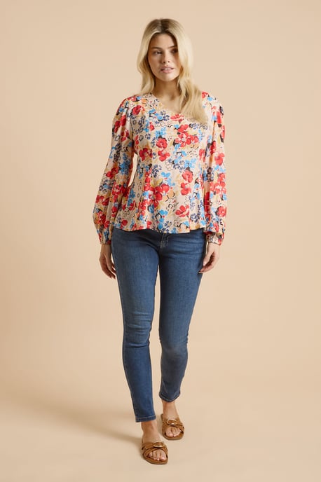 Floral V Neck Blouson Sleeve Top - Image 2