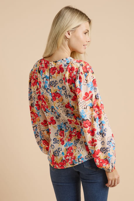 Floral V Neck Blouson Sleeve Top - Image 3