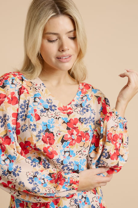 Floral V Neck Blouson Sleeve Top - Image 4