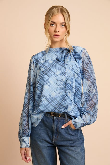 Blue Check Printed Chiffon Pussy Bow Tie Blouse - Image 1