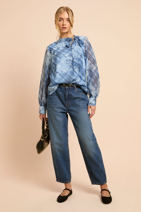 Blue Check Printed Chiffon Pussy Bow Tie Blouse - Image 2