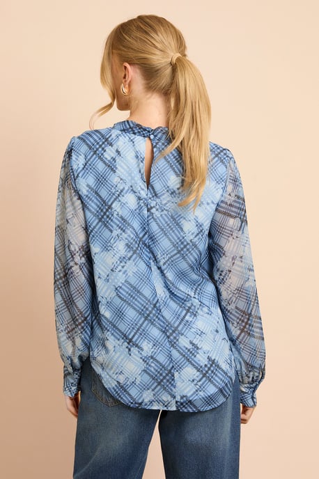 Blue Check Printed Chiffon Pussy Bow Tie Blouse - Image 3