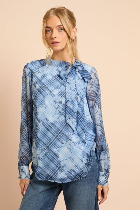 Blue Check Printed Chiffon Pussy Bow Tie Blouse - Image 4