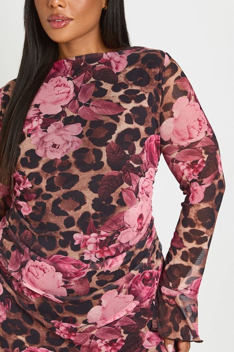 Plus Leopard Floral Ruched Mini Shift Dress - Image 4