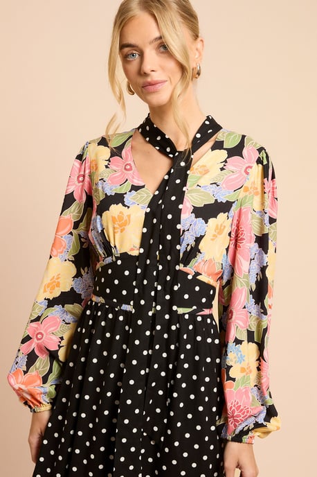 Print Mix Long Sleeve Tie Detail Maxi Dress - Image 2
