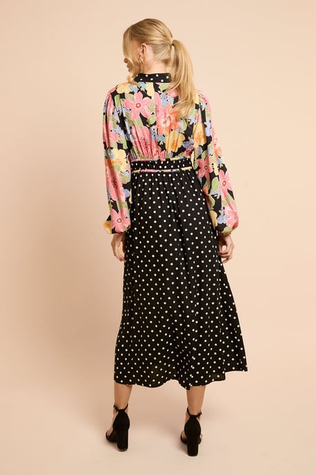 Print Mix Long Sleeve Tie Detail Maxi Dress - Image 3