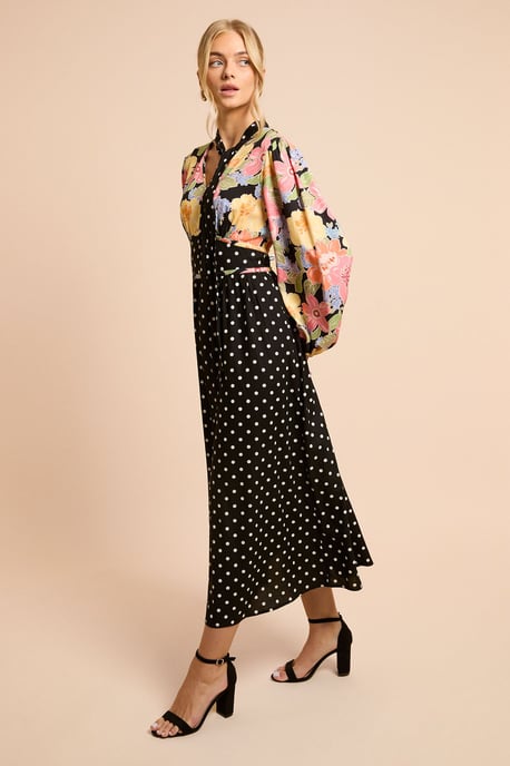 Print Mix Long Sleeve Tie Detail Maxi Dress - Image 4