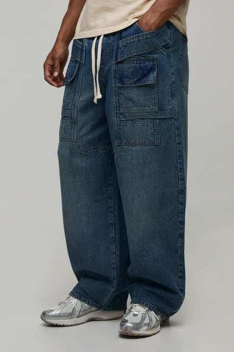 Extended Drawcord Cargo Pocket Baggy Jeans - Image 1