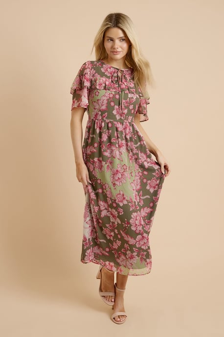 Green Patchwork Flutter Sleeve Frill Yoke Printed Chiffon Midaxi Dress - Image 1