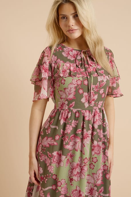 Green Patchwork Flutter Sleeve Frill Yoke Printed Chiffon Midaxi Dress - Image 2