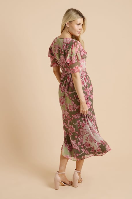 Green Patchwork Flutter Sleeve Frill Yoke Printed Chiffon Midaxi Dress - Image 3