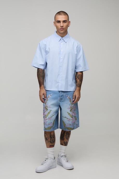 Baggy Rigid Floral Embroidered Denim Shorts - Image 4