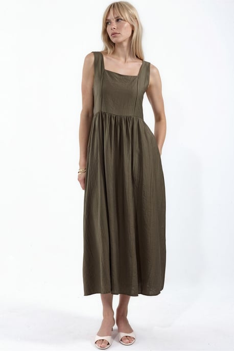 Solid Midi Dress with Square Collar - Image 1
