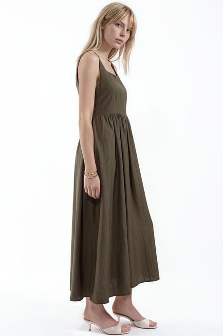 Solid Midi Dress with Square Collar - Image 2