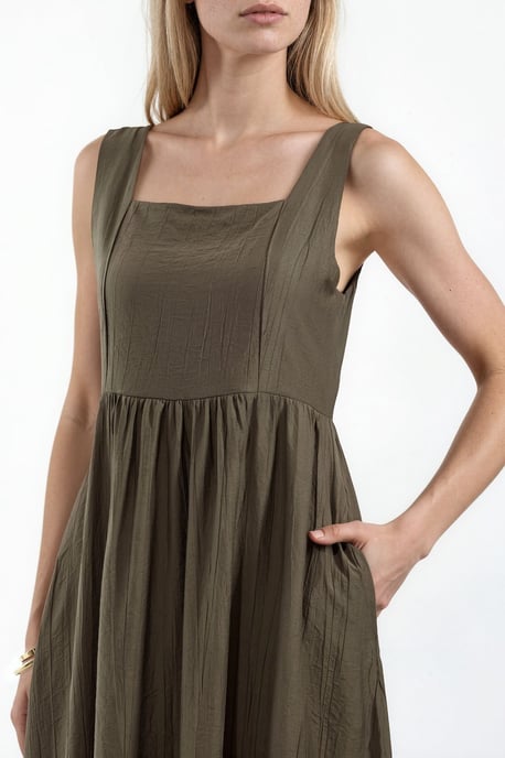 Solid Midi Dress with Square Collar - Image 4