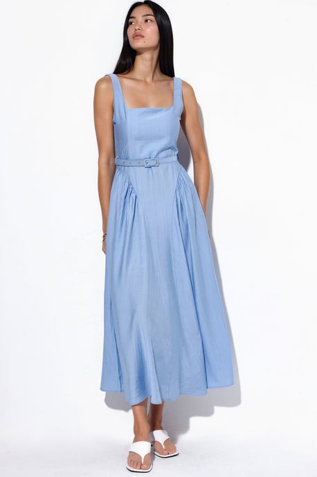 Square Collar Belted Midi Dress - Image 1