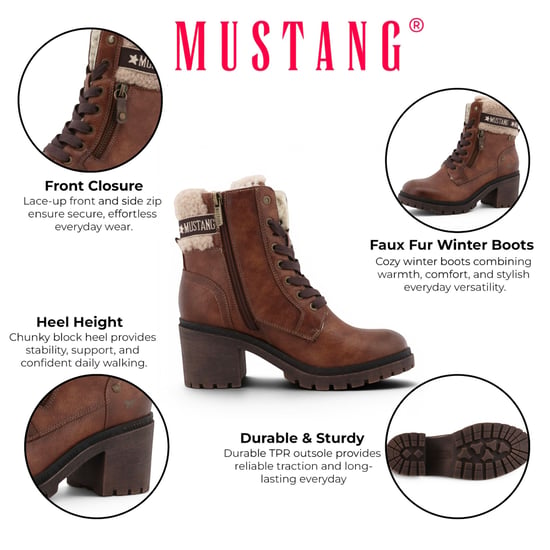 Mustang Dames Cognac Bruine Winterlaarzen met warme hak en veters - M0122001 - Image 2