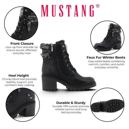 Mustang Dames Zwarte Winterlaarzen met warme hak en veters - M0122001 - Image 2
