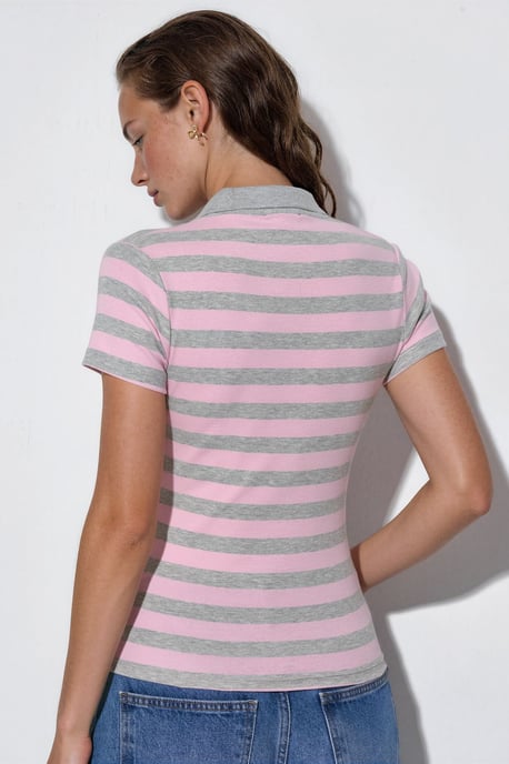 Striped Ribbed Polo Blouse - Image 3