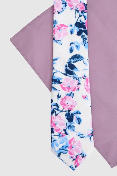 Cotton Floral Tie and Pink Pocket Square - Image 3
