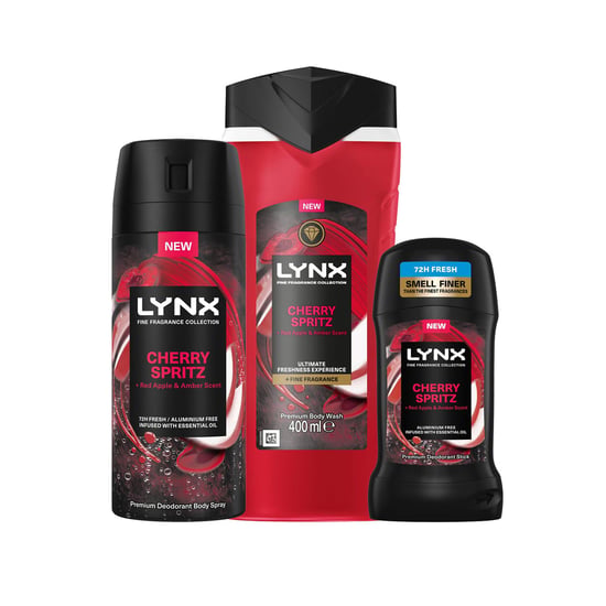Lynx Fine Fragrance Cherry Spritz Gift Set for Men, Body Spray, Stick and Wash - Image 1